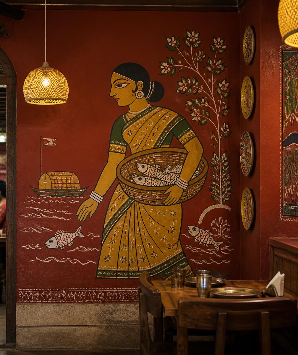 Folk-art mural of a Bengali woman carrying a fish basket on the Fish Adda wall