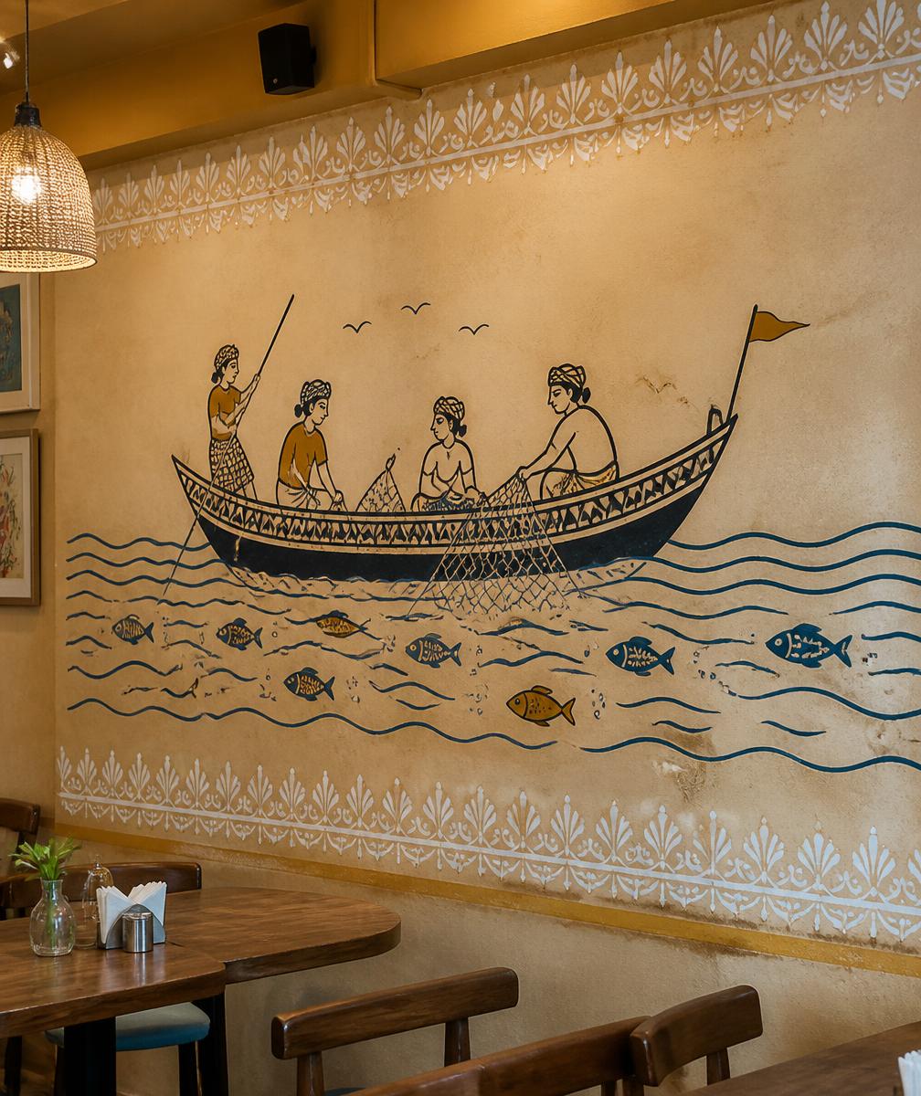 Mural of fishermen on a boat with painted waves and fish at Fish Adda