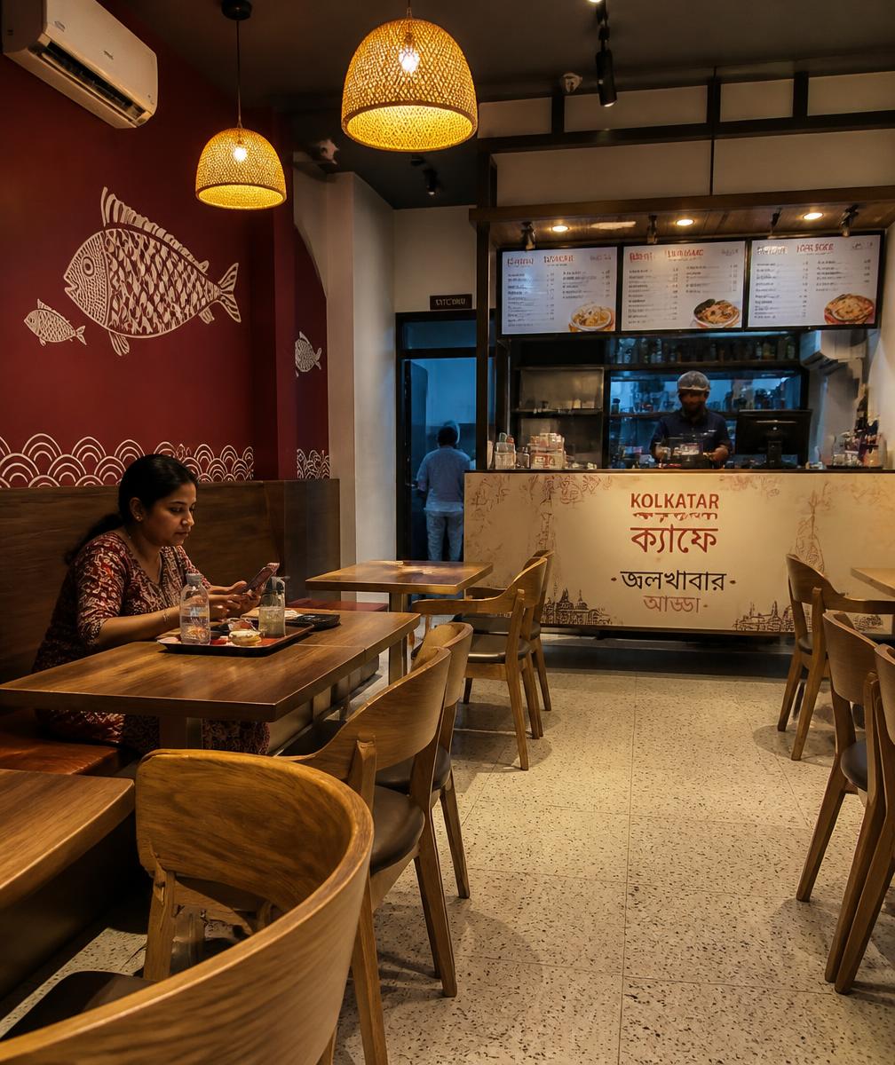 Interior seating of Fish Adda with brick walls and folk fish artwork